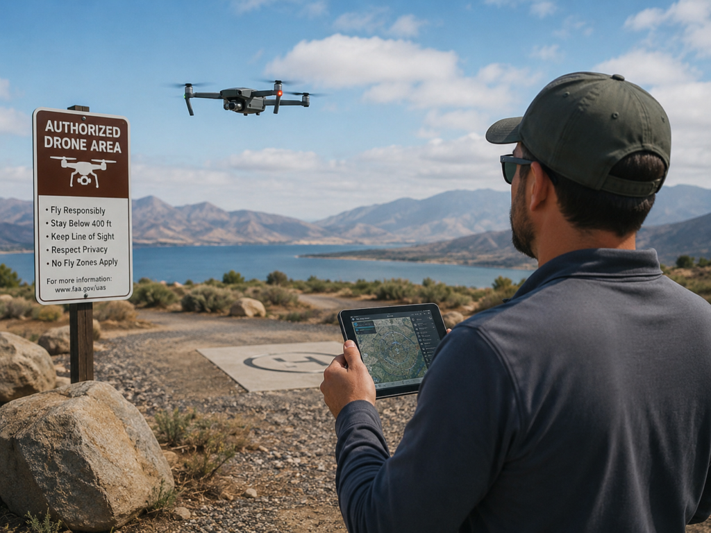 Drone recreativo en zona autorizada con mapa aéreo
