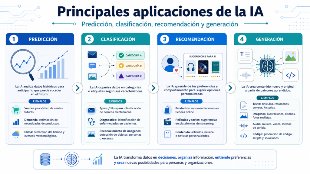 Main applications of AI: prediction, classification, recommendation and generation
