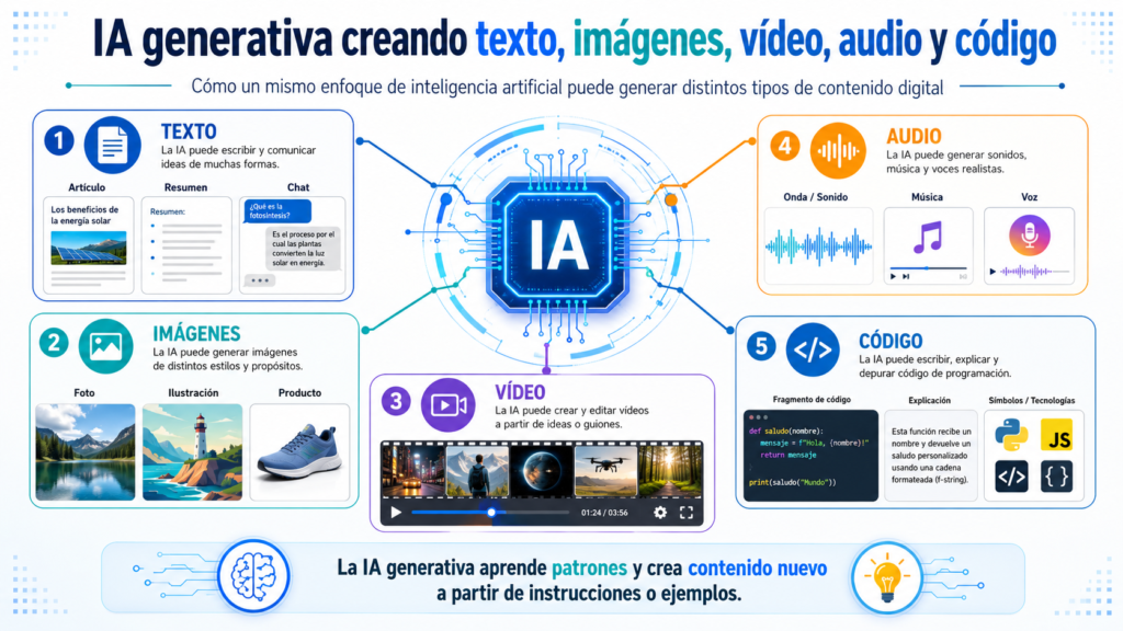 Contenuti generati dall'intelligenza artificiale: testo, immagini, video, audio e codice