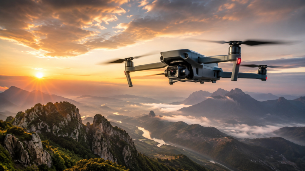 Drone volando sobre paisaje al amanecer
