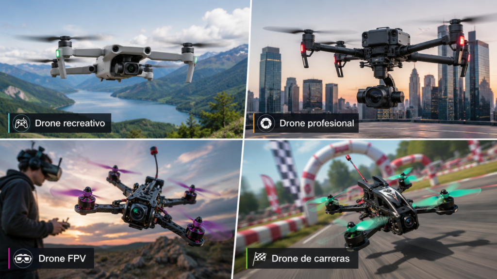 Categorías de drones: recreativo, profesional, FPV y carreras