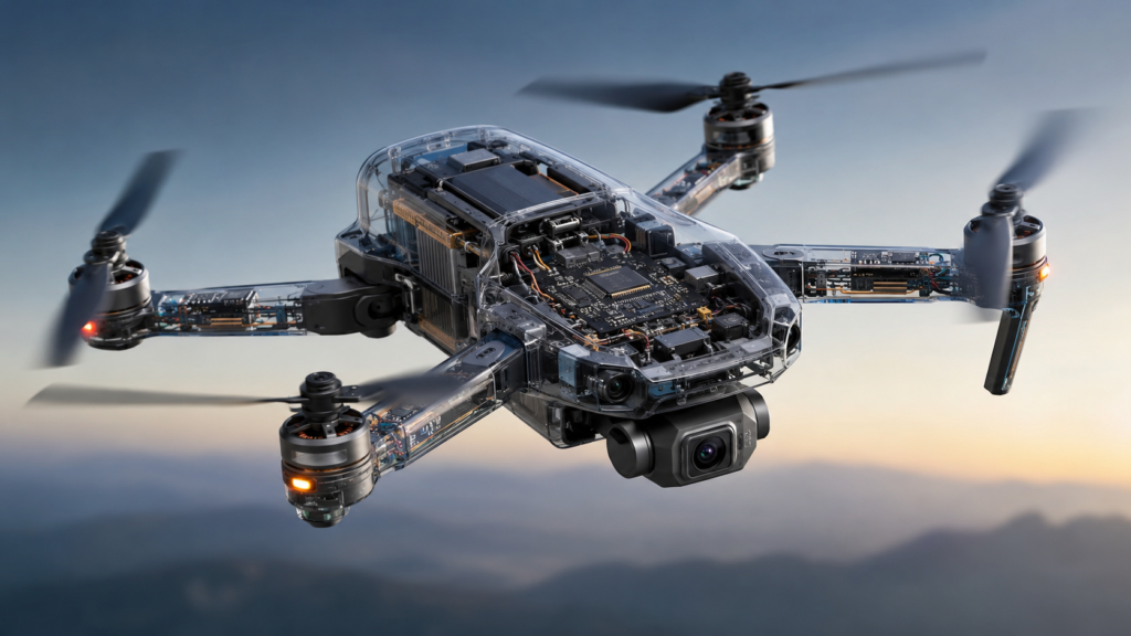 Drone con componentes internos visibles
