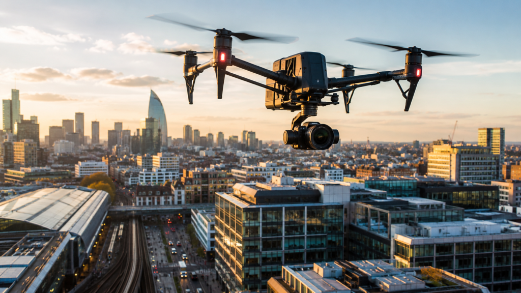 Drone profesional grabando una ciudad