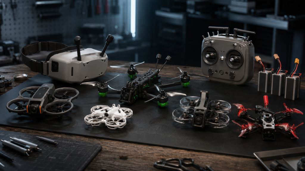 Comparativa de drones FPV: DJI Avata 2, BetaFPV Cetus X, iFlight Nazgul Evoque F5, GEPRC Cinebot30 y EMAX Tinyhawk III