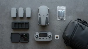 Accesorios DJI Mini 5 Pro sobre la mesa: baterías, hub de carga, filtros ND, mando y bolsa