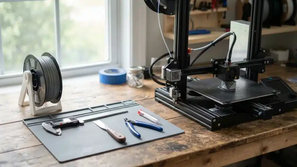 Accesorios para impresora 3D: calibre digital, espátula, alicates y agujas junto a una impresora FDM