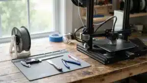 Accesorios para impresora 3D: calibre digital, espátula, alicates y agujas junto a una impresora FDM