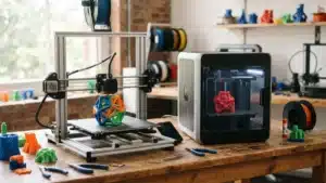 Dos impresoras 3D de filamento en un taller, comparativa bambu lab a2l vs centauri carbon 2
