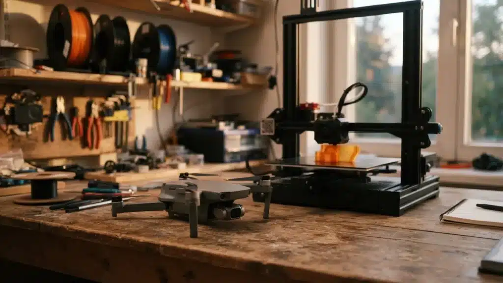 Black Friday drones e impresoras 3D: dron plegable junto a una impresora 3D en un taller doméstico