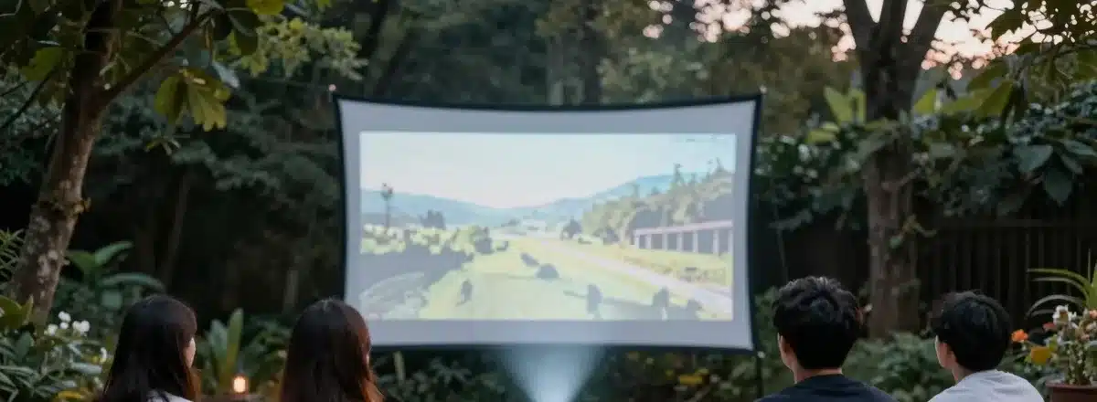 Cine al aire libre con un mini proyector portátil proyectando una película en una pantalla del jardín