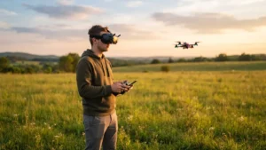 Cómo empezar en FPV: piloto con gafas FPV y emisora volando un dron en el campo