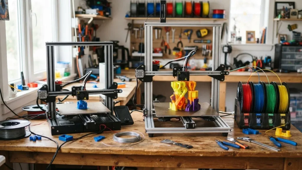 Impresora 3D compacta y otra más grande en un escritorio, comparativa Bambu Lab A1 mini vs A1