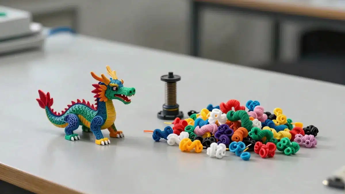 Figura impresa en 3D multicolor junto a los restos de purga de filamento de los cambios de color