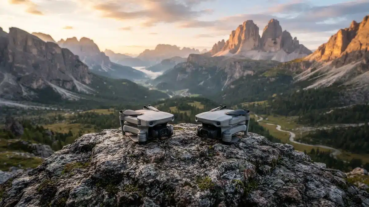 Dos drones de menos de 250 gramos plegables sobre una roca al amanecer