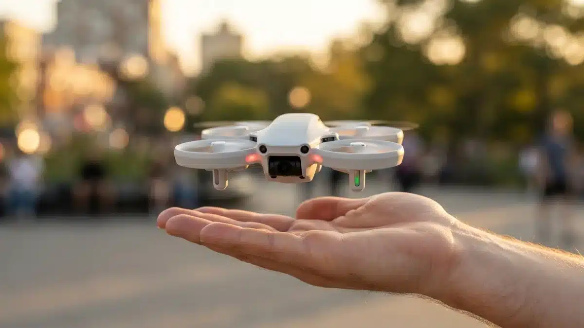 Dron de bolsillo con protectores de hélices volando sobre la mano, tipo de dron recomendado para niños