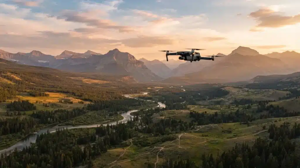 Dron de largo alcance volando sobre un valle con montañas al atardecer