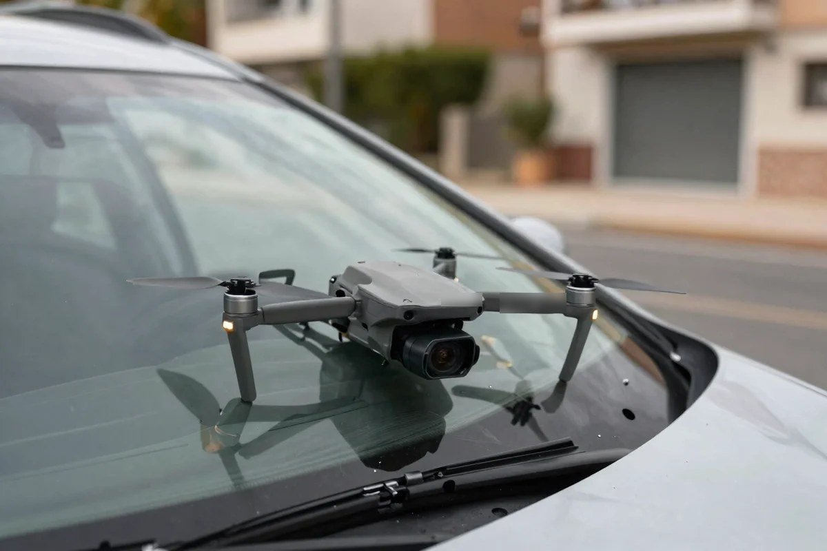 Dron accidentado sobre el parabrisas de un coche, un daño que cubre el seguro drone de responsabilidad civil