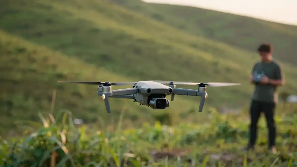 Dron plegable volando sobre una colina al atardecer, uno de los modelos a vigilar en el Black Friday de drones