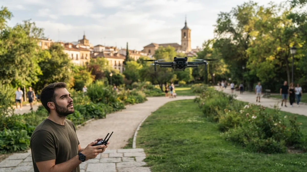 Dron plegable volando sobre un parque urbano con personas a distancia