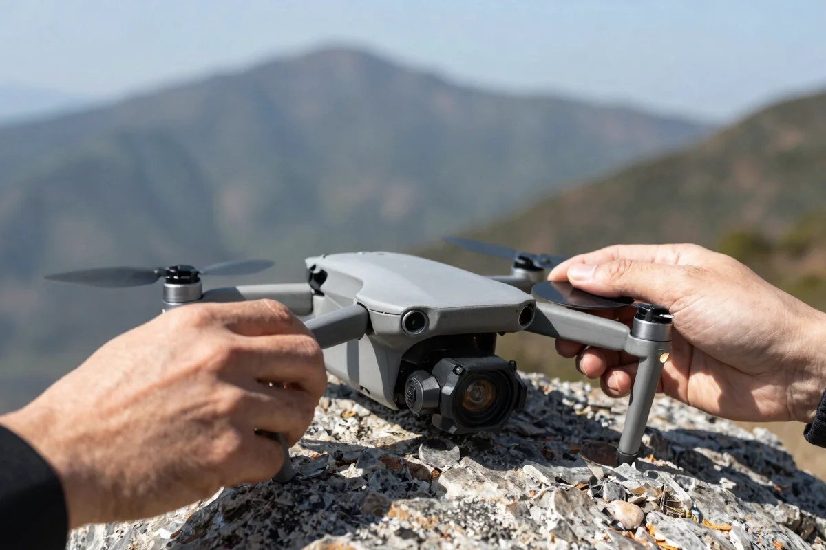 Colocando un filtro ND en la cámara de un dron plegable, uno de los accesorios DJI Mini 5 Pro más útiles
