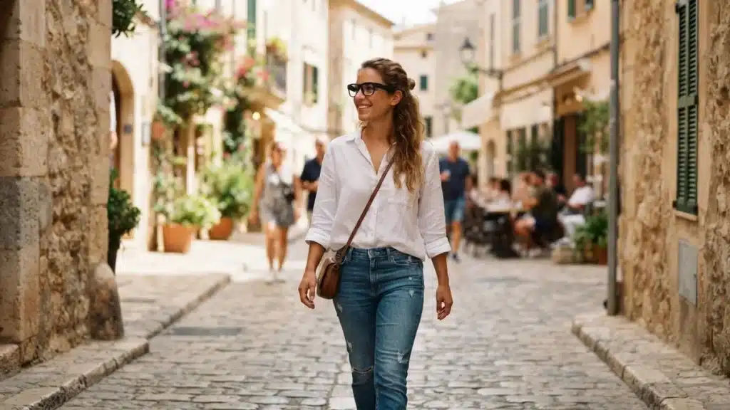 Mujer con gafas inteligentes con IA y cámara paseando por la ciudad