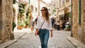 Mujer con gafas inteligentes con IA y cámara paseando por la ciudad