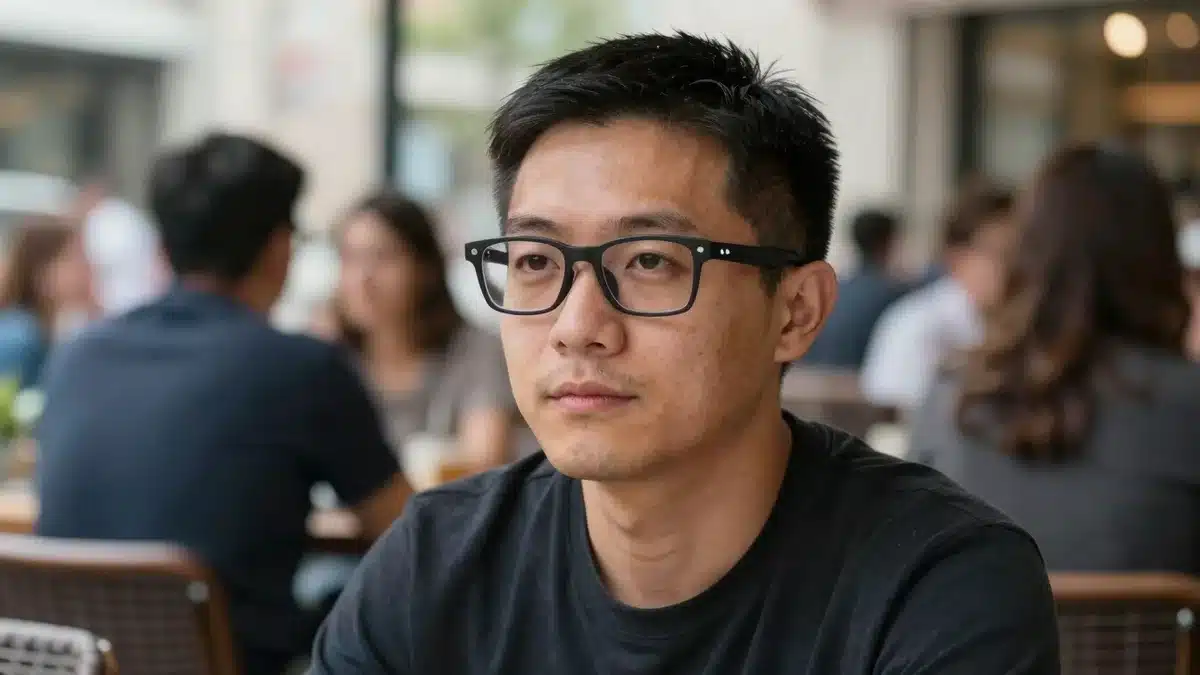 Hombre con gafas inteligentes con cámara en una terraza: privacidad al grabar a otras personas