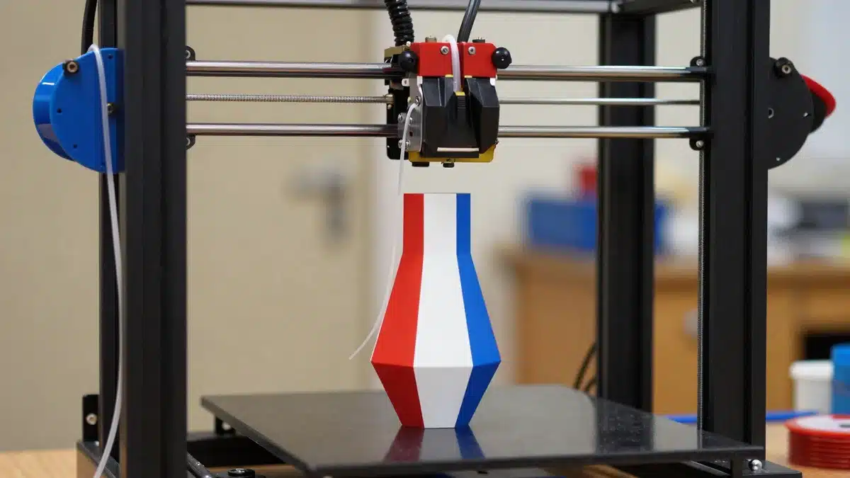 Impresora 3D de varios colores imprimiendo un jarrón en rojo, blanco y azul