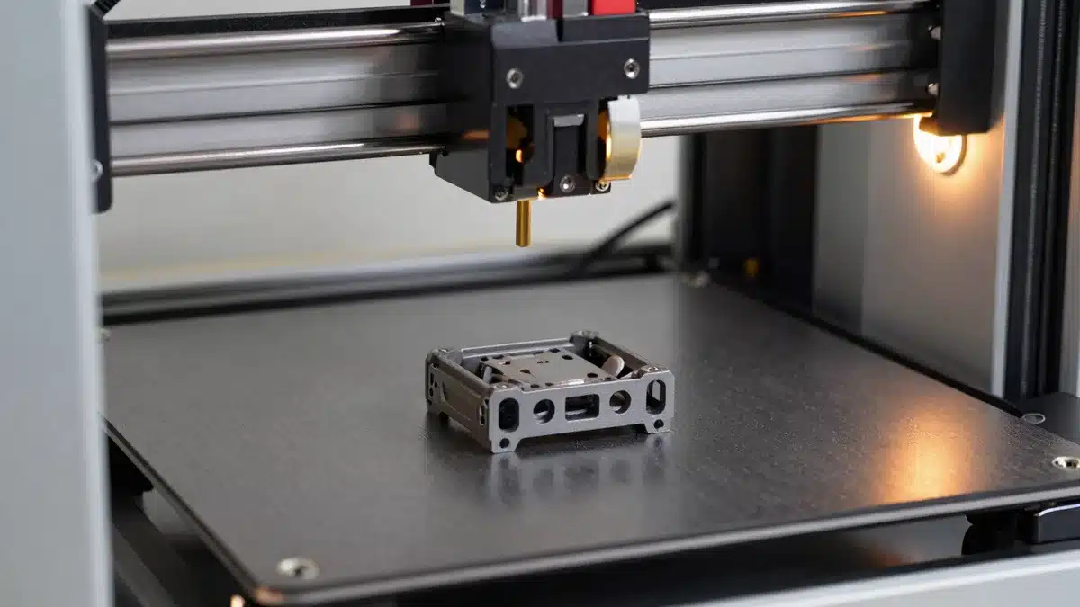 Interior de una impresora 3D cerrada imprimiendo una pieza técnica, comparativa bambu lab a2l vs centauri carbon 2