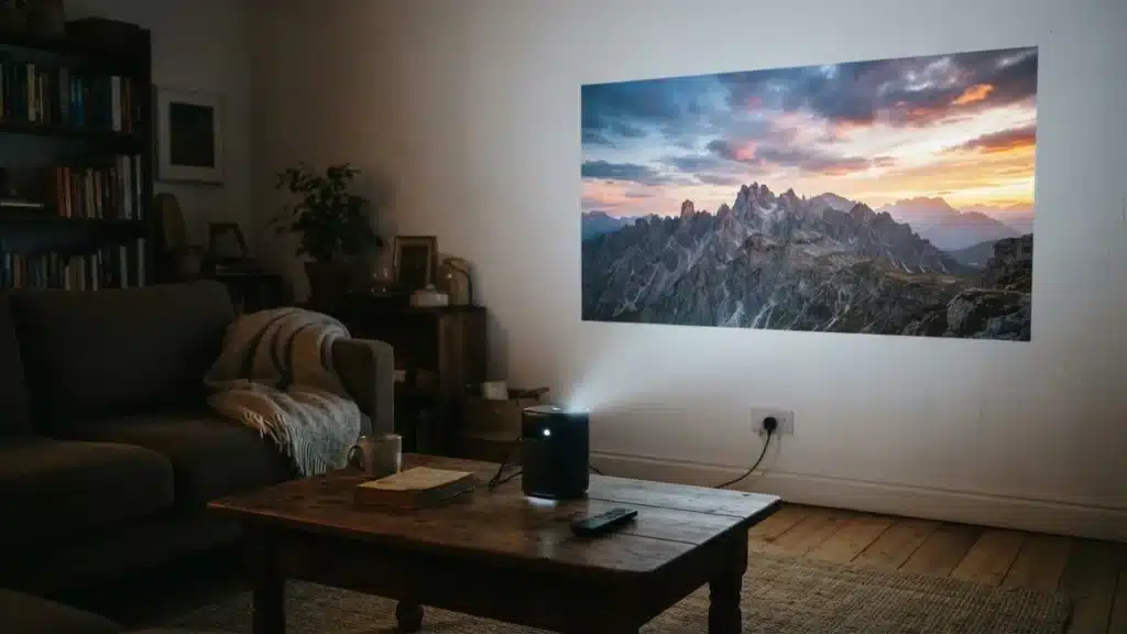 Mini proyector portátil sobre una mesa proyectando una imagen grande en la pared de un salón a oscuras