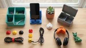 Objetos útiles impresos en 3D sobre una mesa, ideas de qué imprimir con una impresora 3D