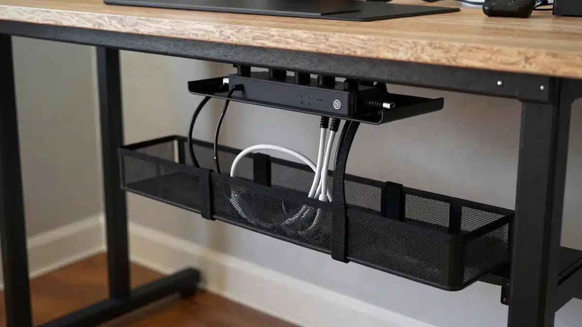 Bandeja y fundas para el orden de cables bajo el escritorio de un setup gaming