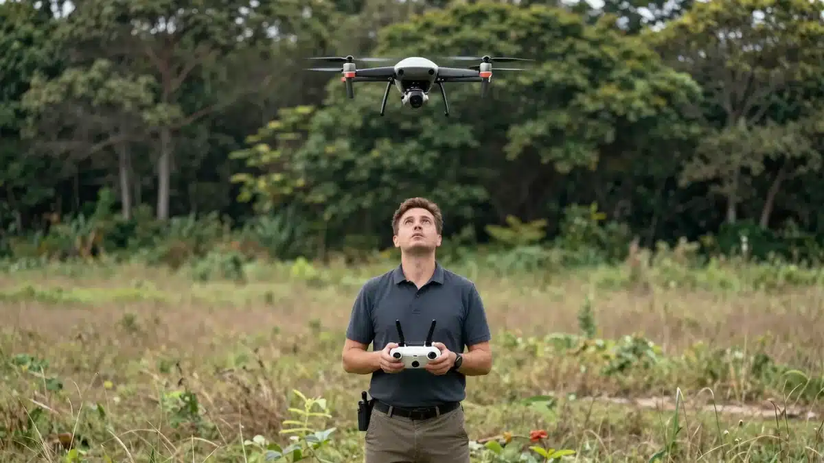 Piloto con mando y antenas desplegadas manteniendo el dron a la vista, clave en los drones de largo alcance