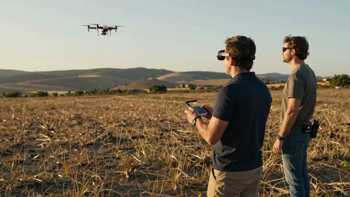 Piloto de dron con gafas FPV acompañado de un observador en el campo