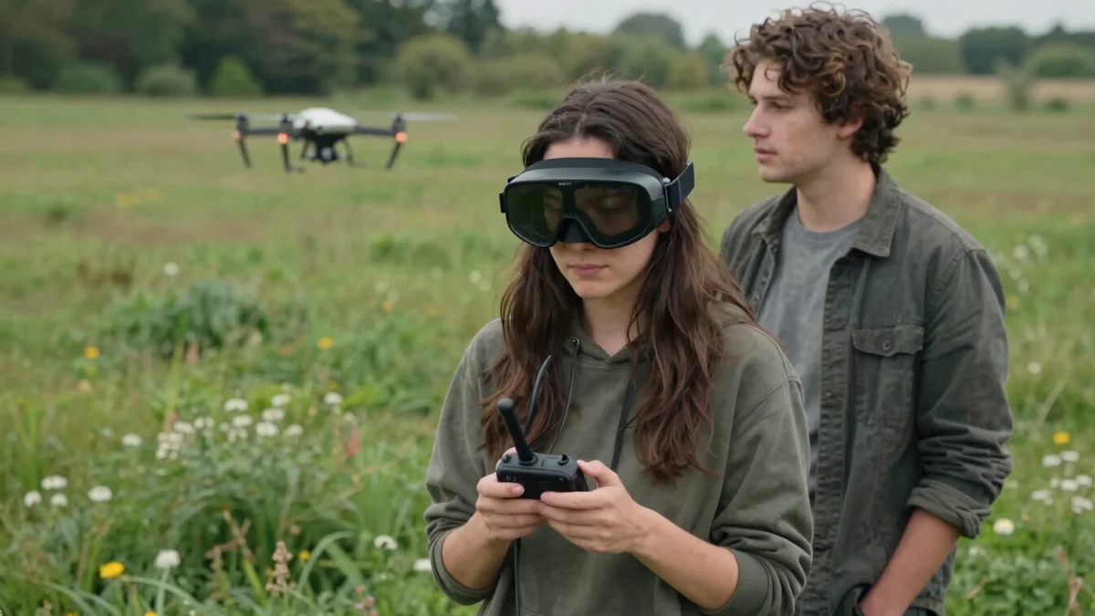 Piloto con gafas FPV acompañado de un observador que vigila el dron, como exige la normativa en España