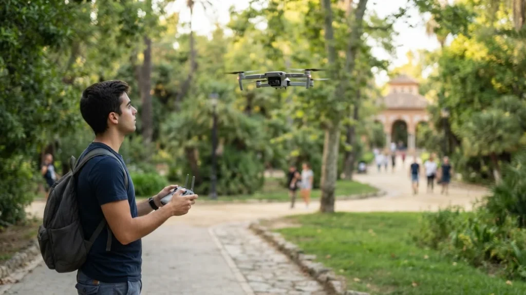 Piloto volando un dron en un parque, situación en la que conviene tener un seguro drone de responsabilidad civil