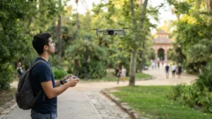 Piloto volando un dron en un parque, situación en la que conviene tener un seguro drone de responsabilidad civil