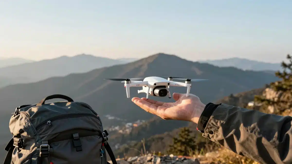 Regalo tecnológico para viajeros: mini dron con cámara despegando desde la palma de la mano en la montaña