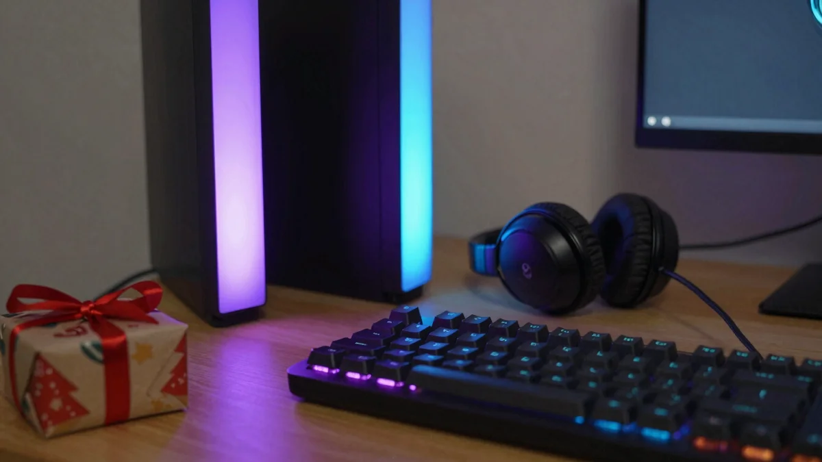 Regalos tecnológicos para gamers: rincón de escritorio con luces RGB y teclado retroiluminado