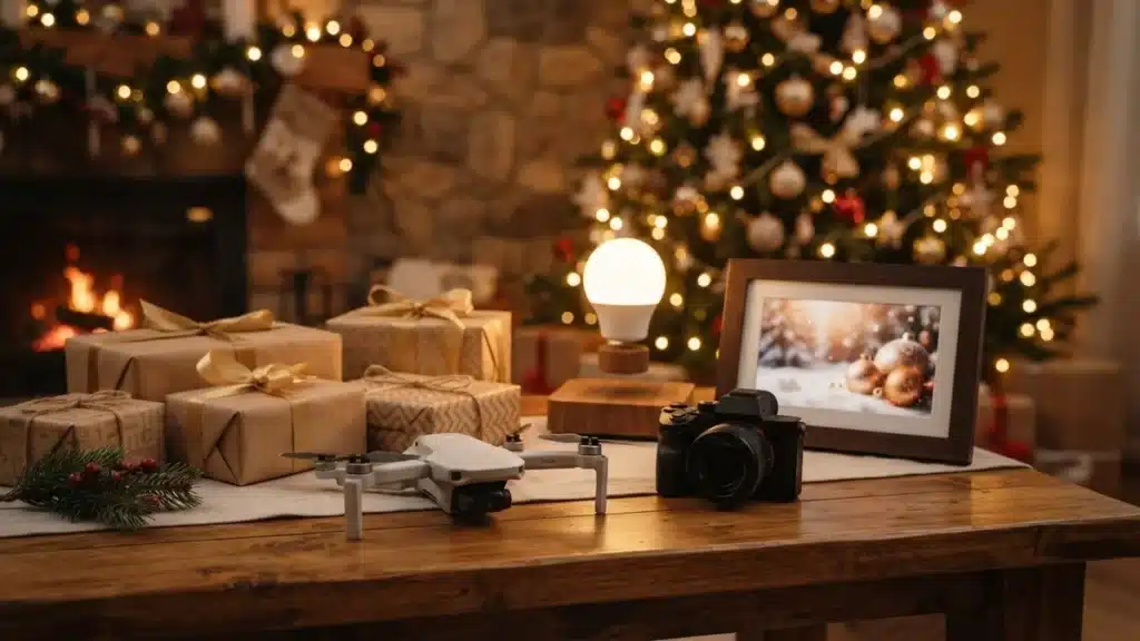 Regalos tecnológicos de Navidad junto al árbol: dron, cámara compacta, lámpara levitante y marco digital