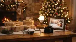 Regalos tecnológicos de Navidad junto al árbol: dron, cámara compacta, lámpara levitante y marco digital