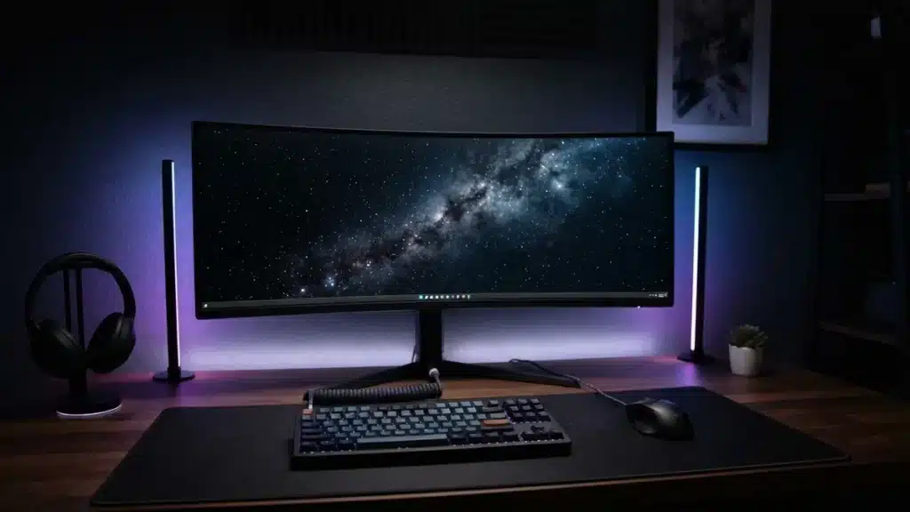 Setup gaming con monitor curvo y luces LED RGB a ambos lados de la pantalla